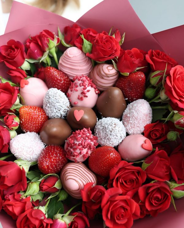 Sweet Valentine bouquet with chocolate covered strawberries and red roses - Image 2