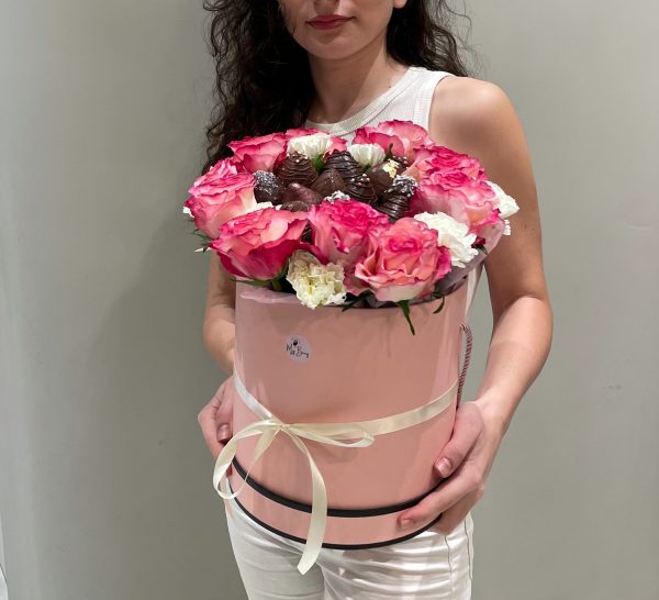 “Be Mine” Boquet with chocolate-covered strawberries, roses and carnations